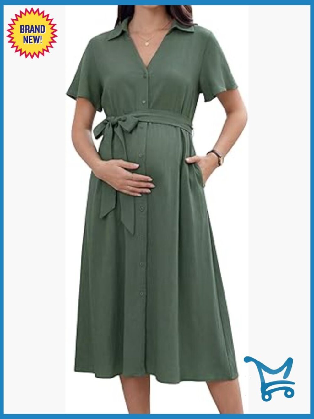 Women's Summer Maternity Midi Dress Button Down Tie Waist with Pockets